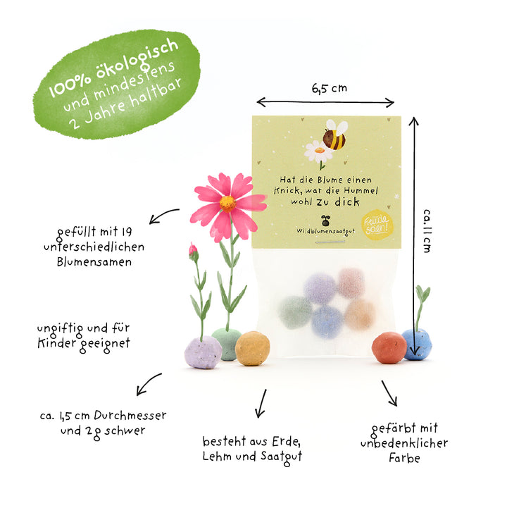 Paquet de boules de graines colorées, étiquetées avec des informations en allemand sur le contenu, la taille, la production biologique et les propriétés adaptées aux enfants, ainsi que des dessins de fleurs et d'une abeille.