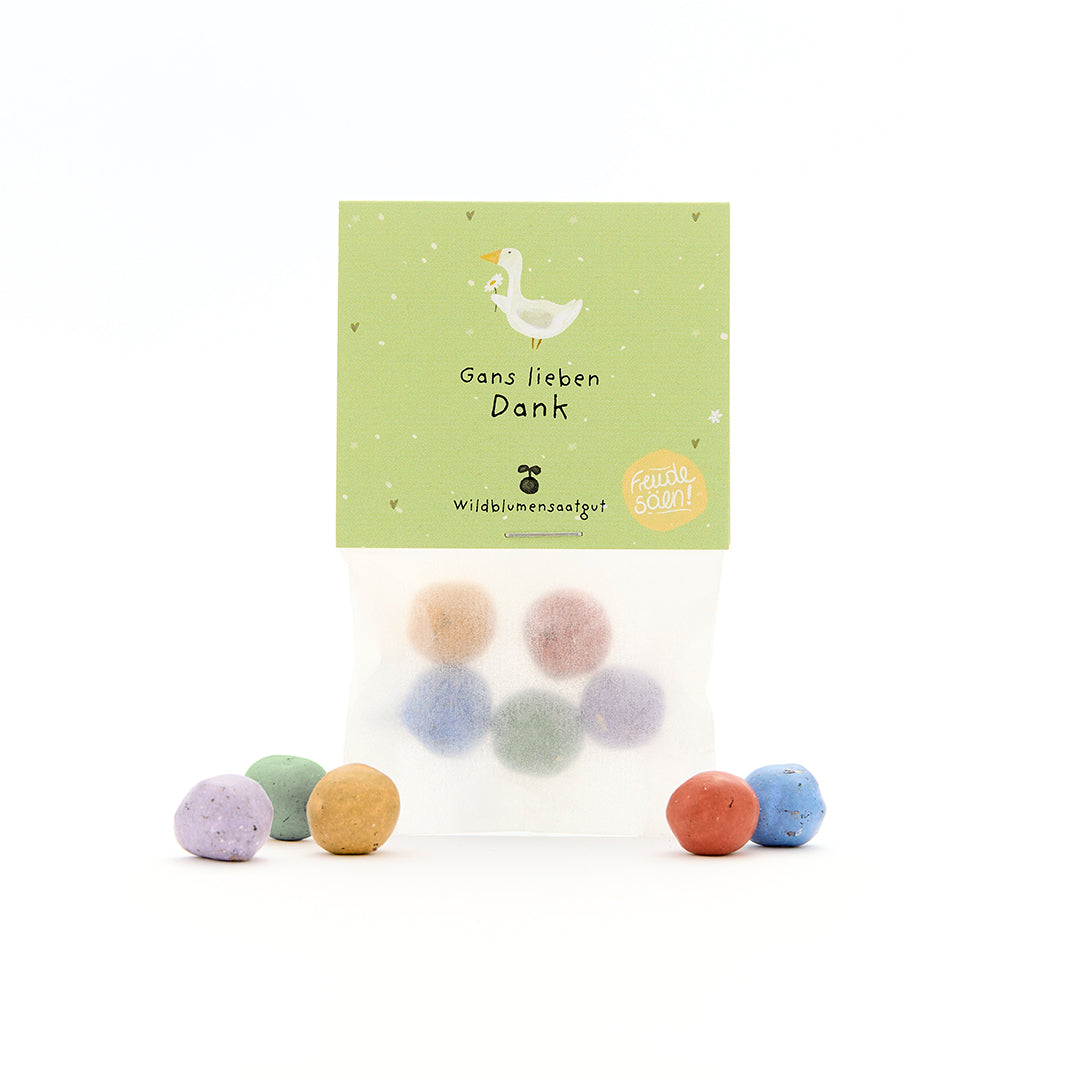 Sachet contenant des boules de graines colorées et une étiquette verte comportant un dessin d'oie et le texte « Merci beaucoup pour l'oie - graines de fleurs sauvages ».
