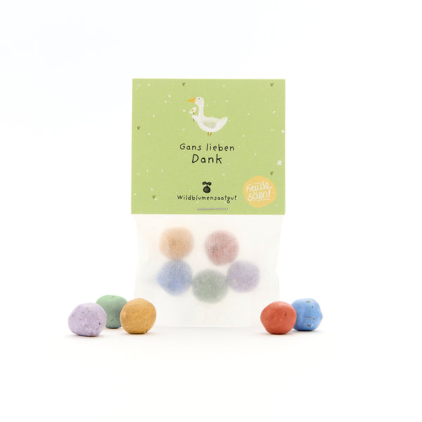 Sachet contenant des boules de graines colorées et une étiquette verte comportant un dessin d'oie et le texte « Merci beaucoup pour l'oie - graines de fleurs sauvages ».