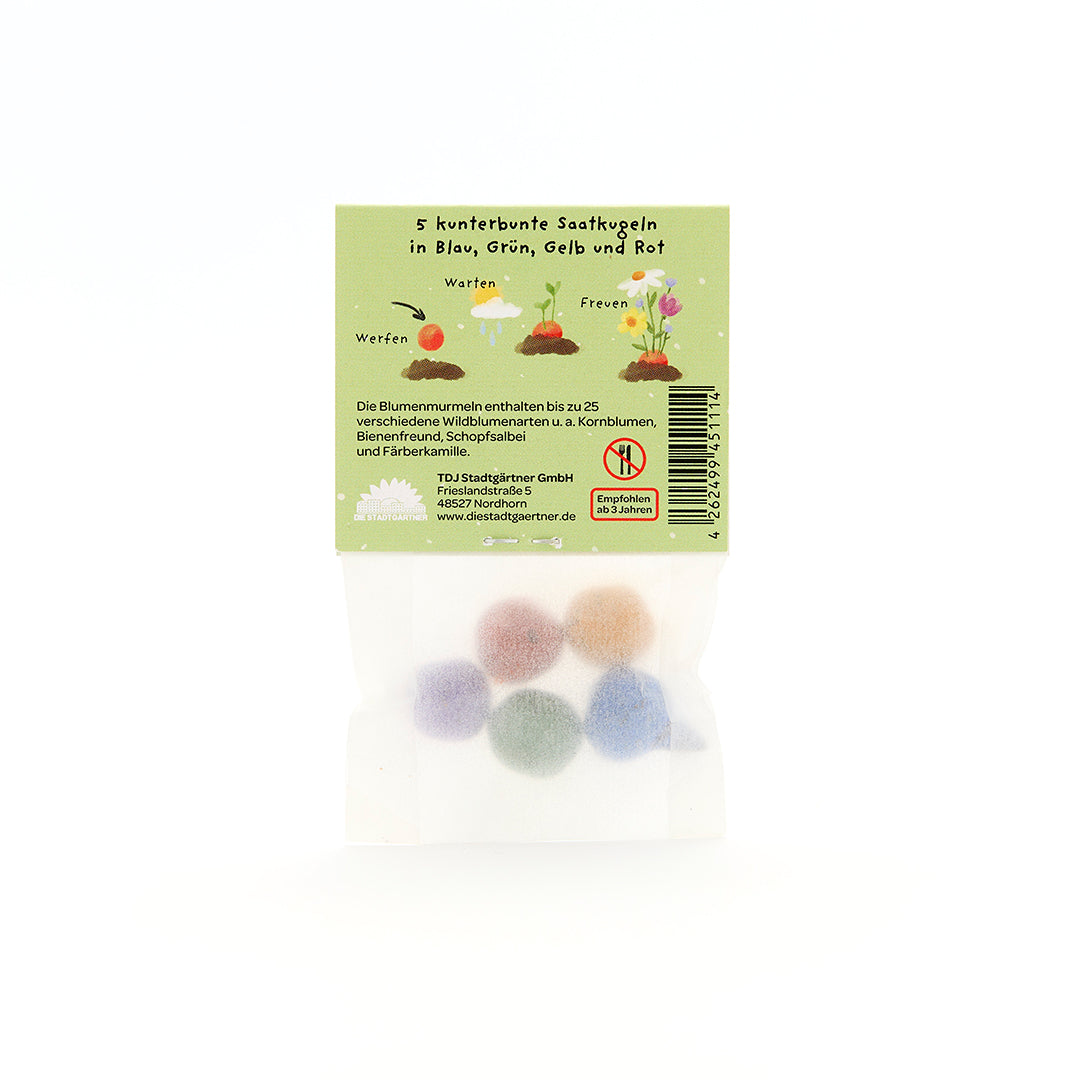 Sac en papier contenant cinq boules de graines colorées en bleu, vert, jaune et rouge, ainsi que des instructions en allemand pour le semis et des informations sur les graines de fleurs sauvages incluses.