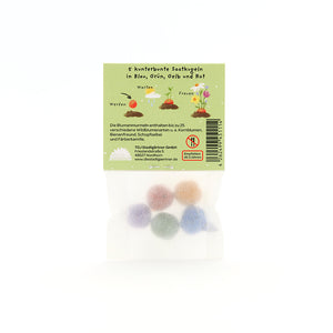 Sac en papier contenant cinq boules de graines colorées en bleu, vert, jaune et rouge, ainsi que des instructions en allemand pour le semis et des informations sur les graines de fleurs sauvages incluses.