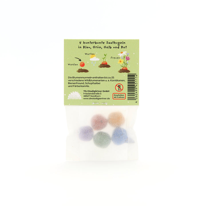 Sac en papier contenant cinq boules de graines colorées en bleu, vert, jaune et rouge, ainsi que des instructions en allemand pour le semis et des informations sur les graines de fleurs sauvages incluses.