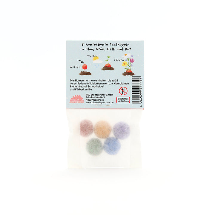 Sachet contenant cinq boules de graines colorées en bleu, vert, jaune et rouge, ainsi que des instructions en allemand.
