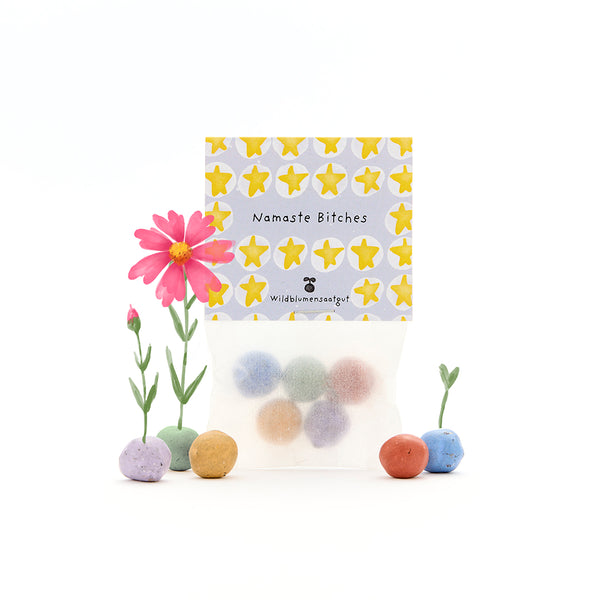 Sachet de bombes de graines colorées avec l'inscription « Namaste Bitches », à côté de fleurs sauvages en fleurs et en germination sur fond blanc.