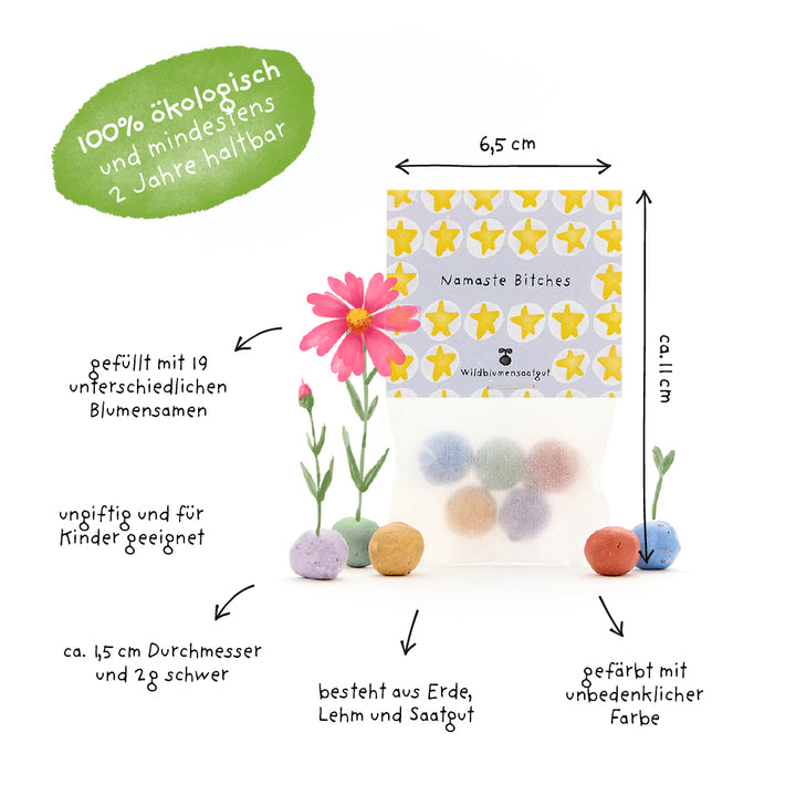 Un sac de boules de graines colorées, étiqueté avec des informations en allemand sur la taille, les ingrédients, la production biologique et l'adéquation aux enfants, ainsi que quelques fleurs en fleurs et un marquage vert indiquant « 100 % biologique et dure au moins 2 ans ».