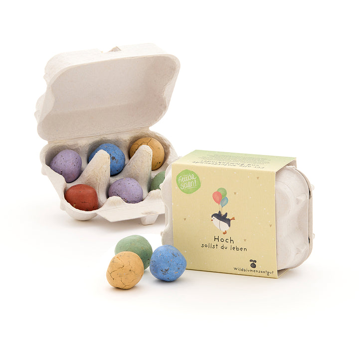 Petites boîtes d'œufs avec des boules de graines colorées et un paquet avec l'inscription « Longue vie à toi ».