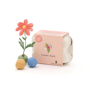 Petit coffret cadeau avec l'inscription « Merci », trois boules de graines colorées et une fleur peinte.