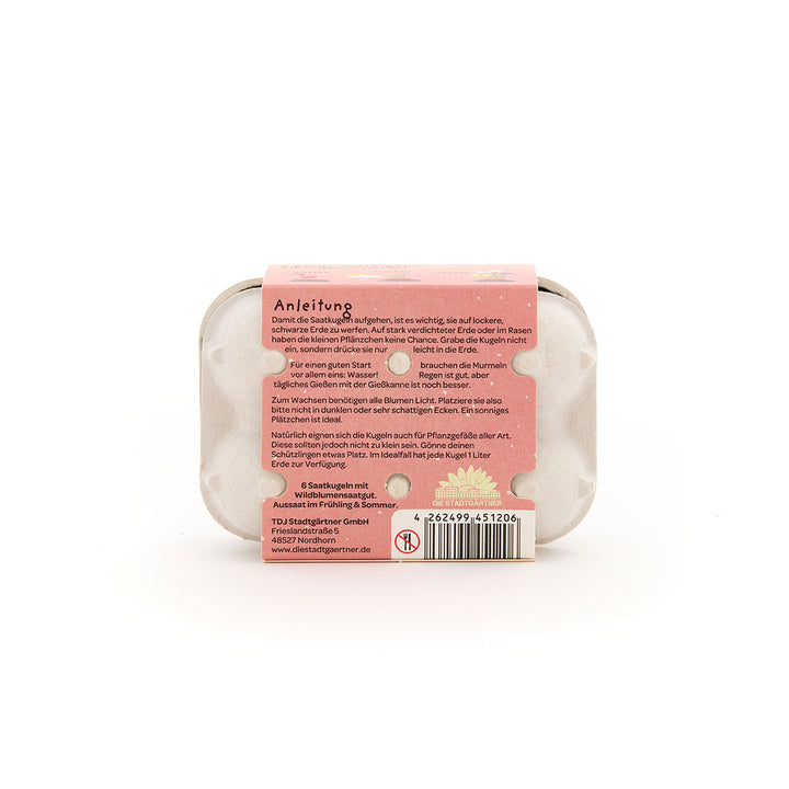 Une petite boîte en carton avec une étiquette d'instructions rose et des boules de graines, avec des instructions d'entretien en allemand au dos.