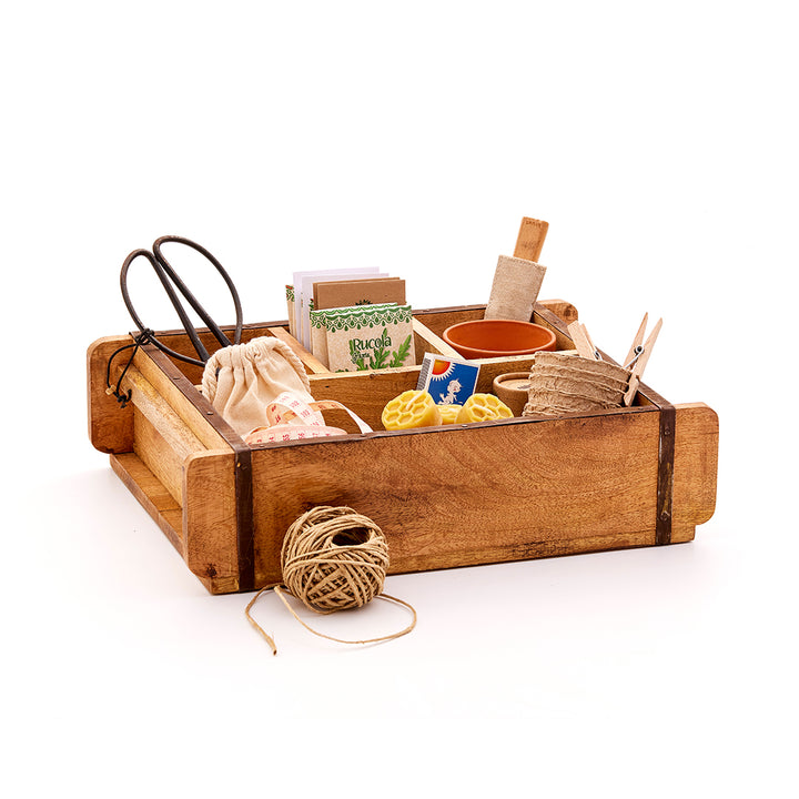 Coffret en bois contenant divers ustensiles de jardinage tels que des ciseaux, des graines, un pot de fleurs, du fil, des pinces à linge et des petits objets d'artisanat.