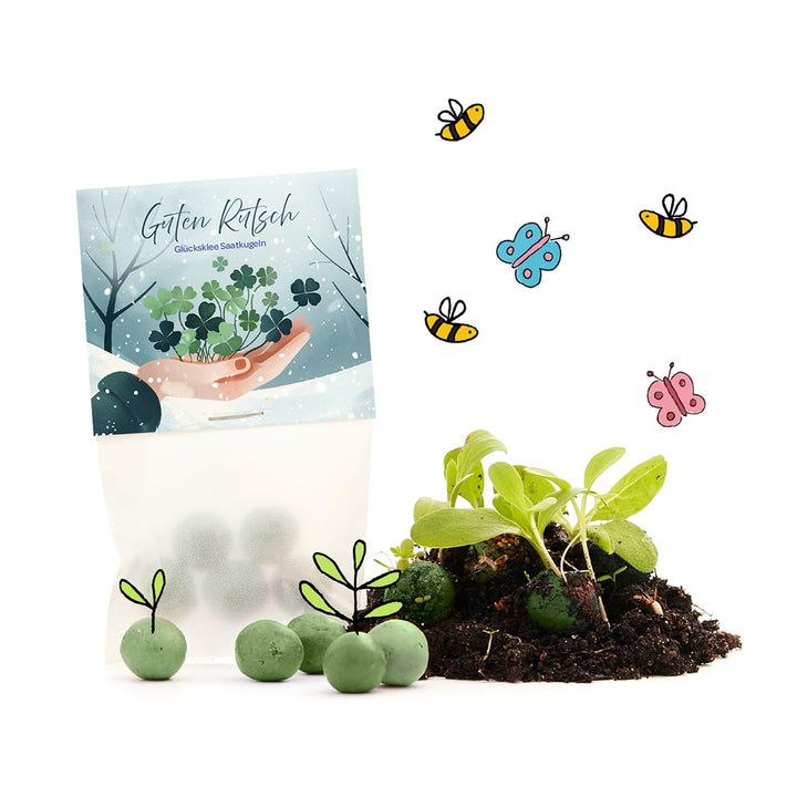 Sac de boules de graines de trèfle porte-bonheur, de boules de graines vertes, de plantes, de terre et d'abeilles et de papillons dessinés.