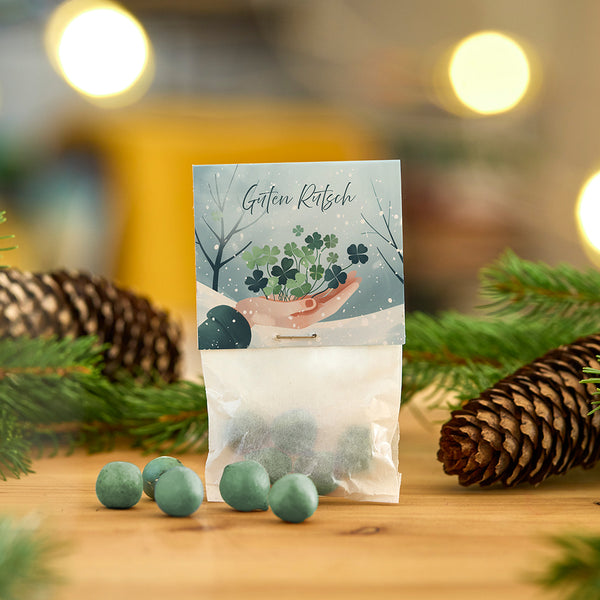 Sac avec boules vertes et carte avec l'inscription « Bonne année », entouré de pommes de pin et de branches.