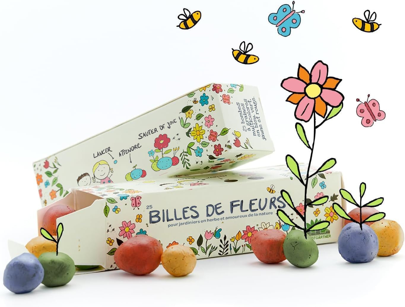 Les billes de fleurs - 25 bombes à graines colorées faites main