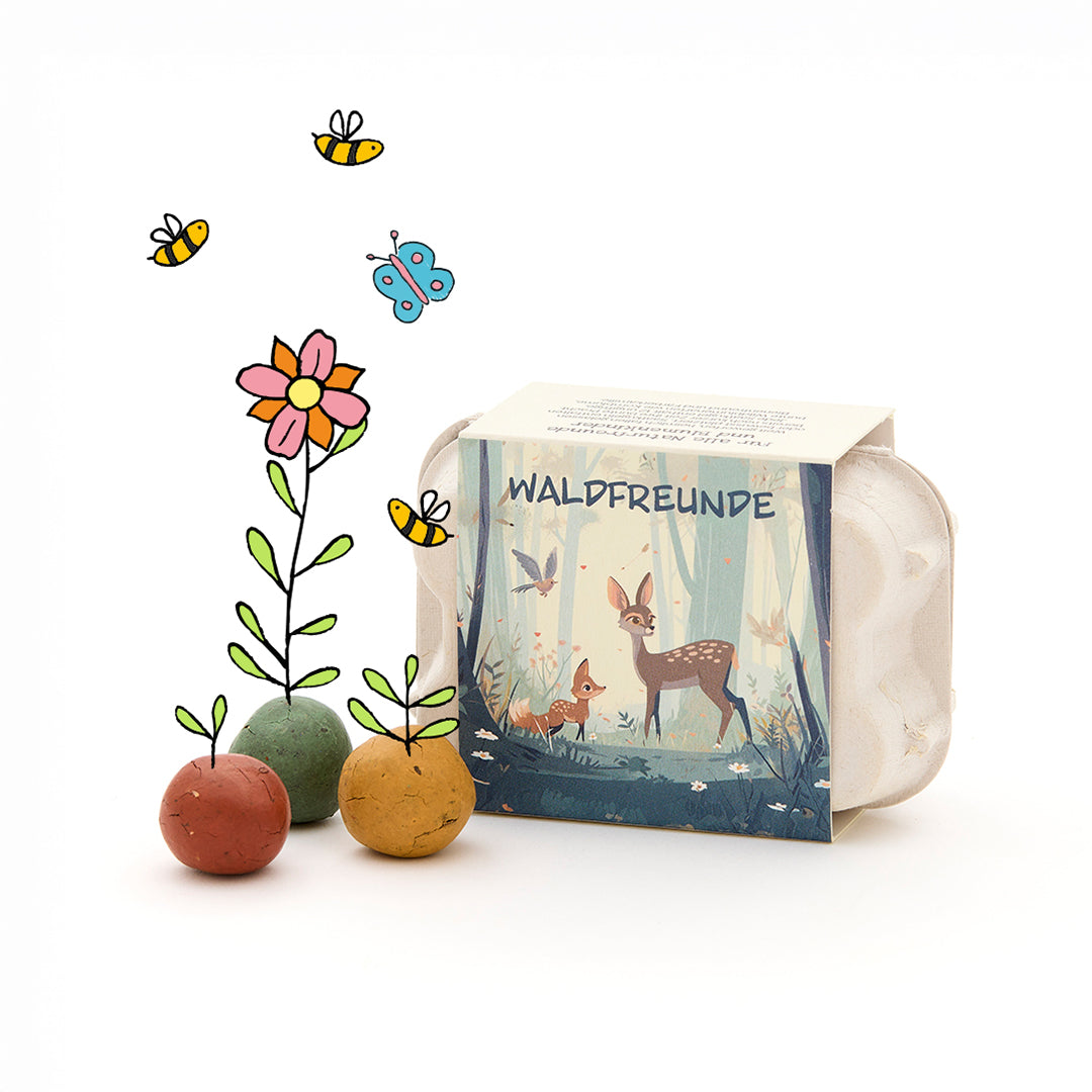 6 billes de fleurs colorées dans une boîte à œufs - Amis de la forêt