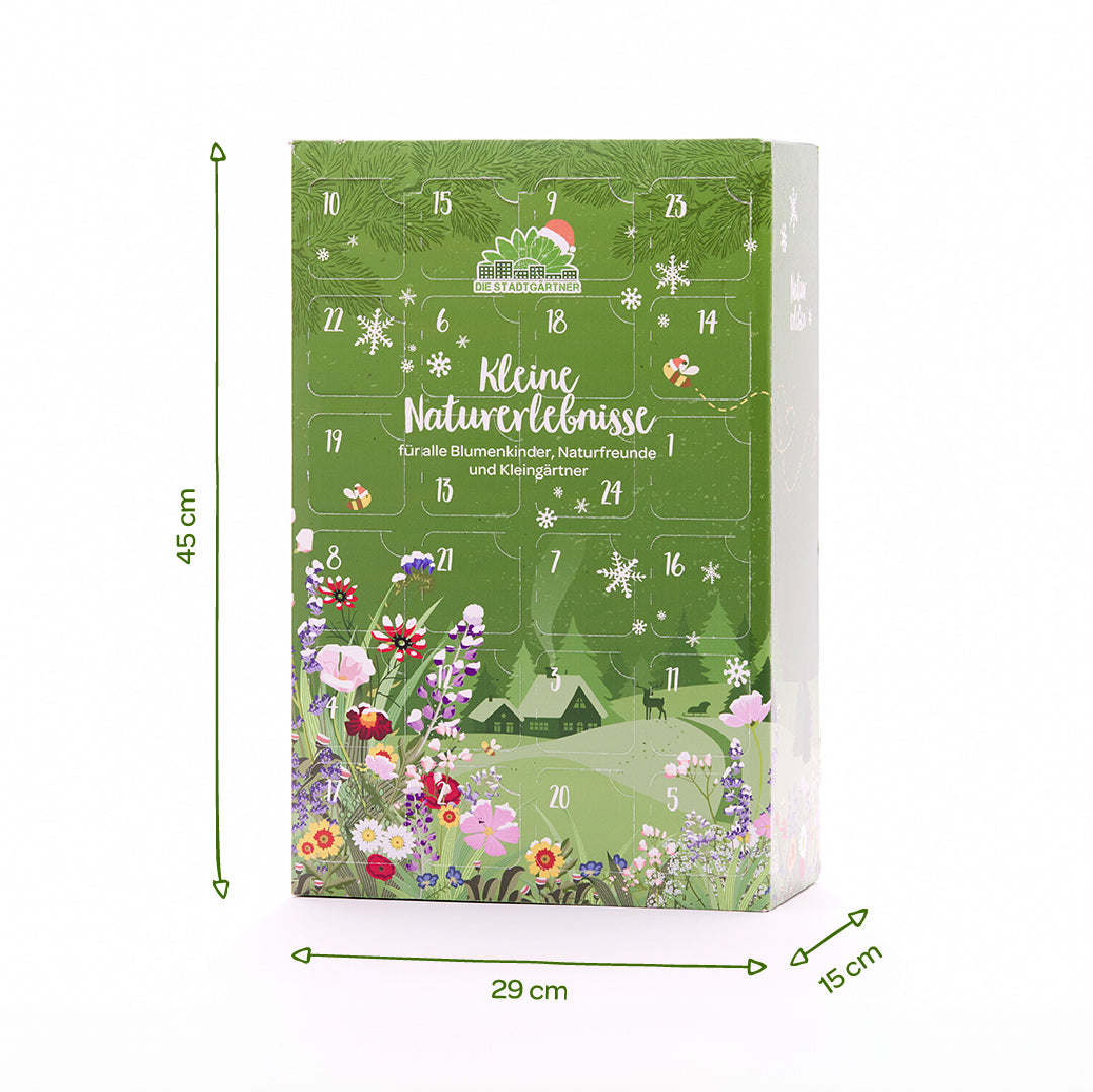 Calendrier de l'Avent vert aux motifs floraux, mesurant 45 cm de haut, 29 cm de large et 15 cm de profondeur.