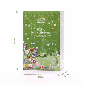 Calendrier de l'Avent vert aux motifs floraux, mesurant 45 cm de haut, 29 cm de large et 15 cm de profondeur.