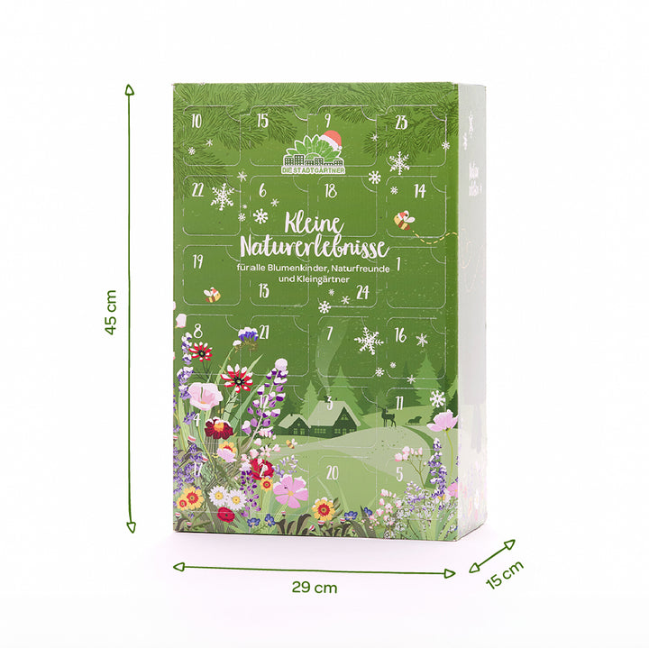 Calendrier de l'Avent vert aux motifs floraux, mesurant 45 cm de haut, 29 cm de large et 15 cm de profondeur.