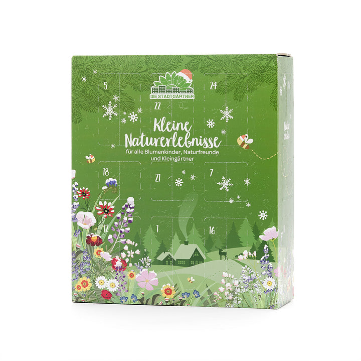 Calendrier de l'Avent vert avec des fleurs, des motifs naturels et l'inscription « Petites expériences nature » pour les enfants, les amoureux de la nature et les jardiniers familiaux.