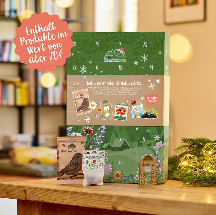 Un calendrier de l'Avent au design vert et hivernal se dresse sur une table en bois devant une étagère floue, avec des décorations et des petits sacs pour graines et boules de fleurs au premier plan ; un texte sur le calendrier et une bulle rouge indiquent les produits d'une valeur supérieure à 70 euros.