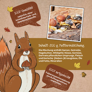 Illustration d'un écureuil avec un mélange de graines, de noix et de céréales, entouré de feuilles d'automne et d'encadrés décrivant la qualité et la composition de 200 g de mélange d'aliments.