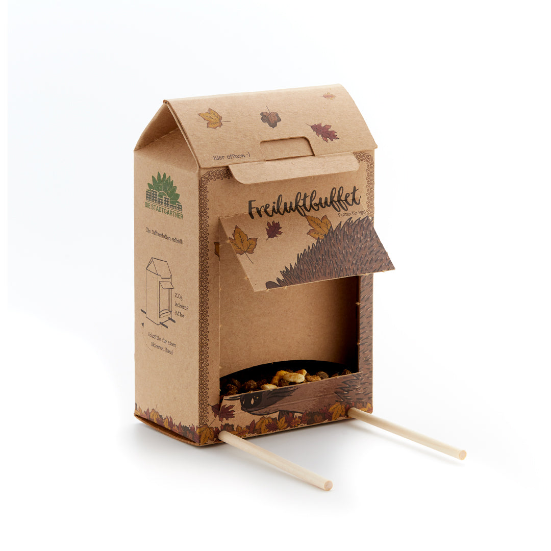 Boîte en carton avec rabat ouvert, feuilles d'automne, illustration de hérisson et deux bâtons en bois, sert de station d'alimentation pour les hérissons.