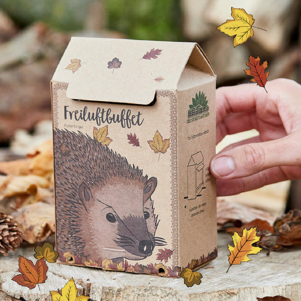 Boîte en carton avec une illustration de hérisson et l'inscription « Buffet en plein air », à côté une main et des feuilles d'automne.