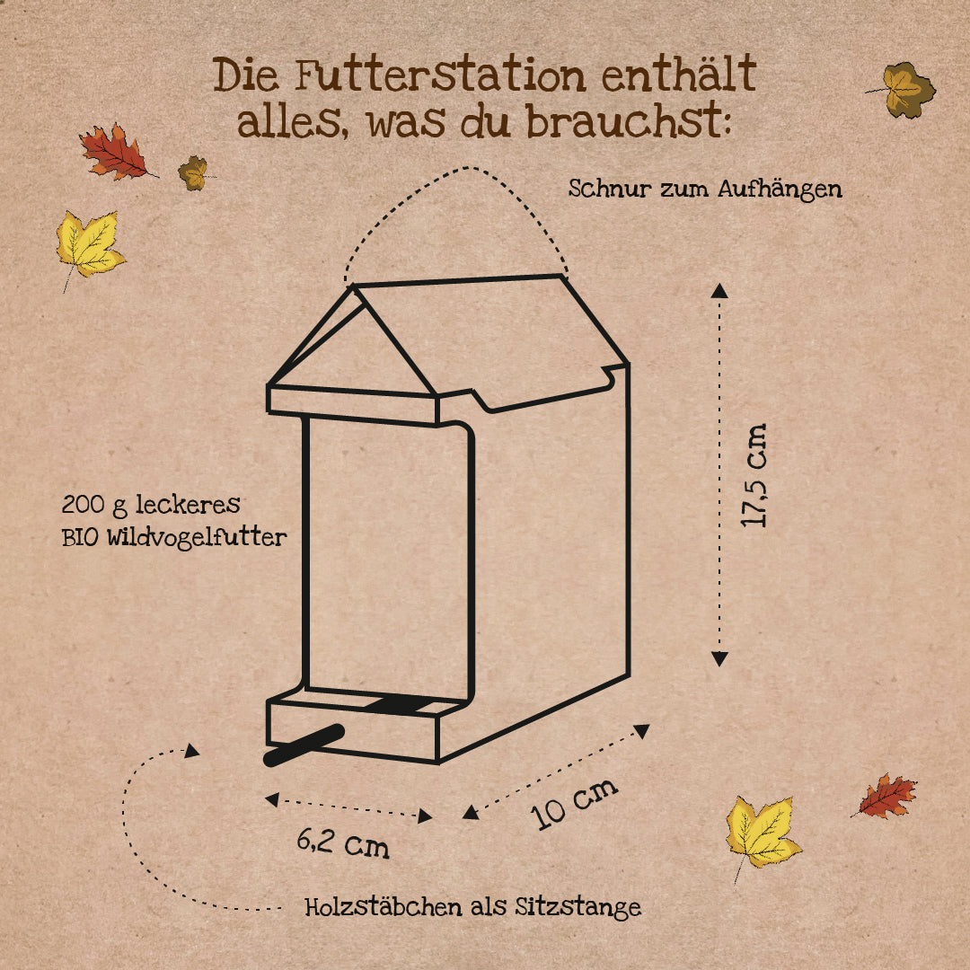 Croquis d'une mangeoire avec des étiquettes en allemand indiquant les dimensions et les composants tels que la ficelle pour suspendre, des bâtons en bois comme perchoir et 200 g de nourriture biologique pour oiseaux sauvages.