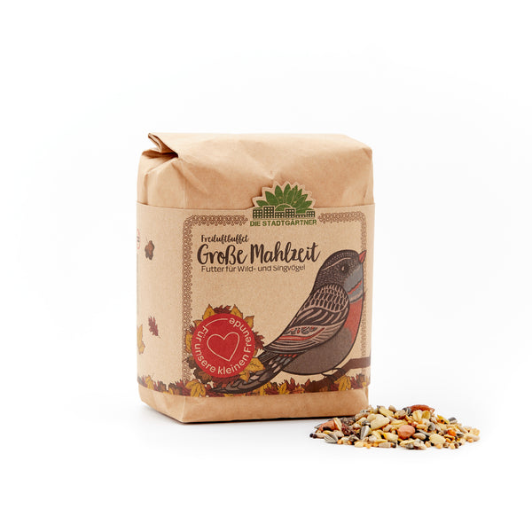Sac en papier avec un dessin d'oiseau et l'inscription "Big Meal - Food for Wild and Songbirds" à côté d'une petite portion de graines pour oiseaux sur fond blanc.