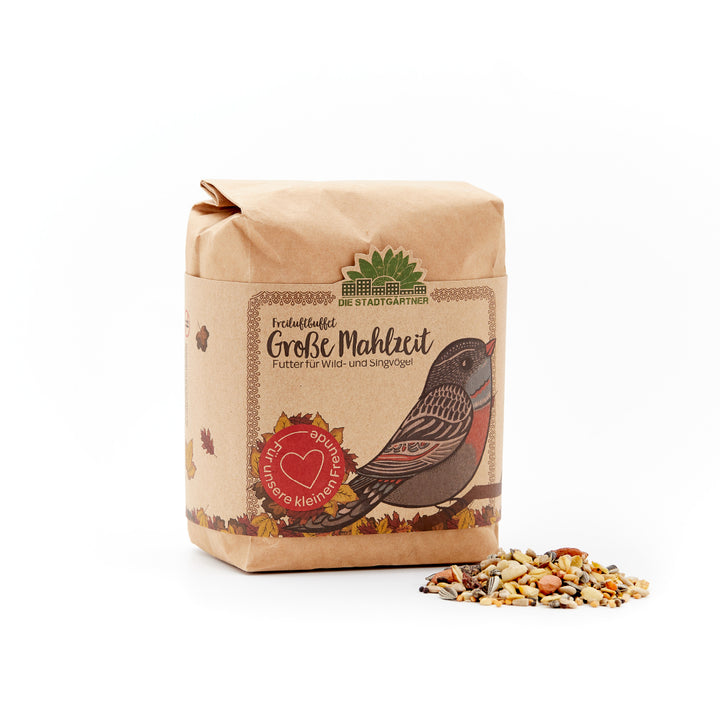 Sac en papier avec un dessin d'oiseau et l'inscription "Big Meal - Food for Wild and Songbirds" à côté d'une petite portion de graines pour oiseaux sur fond blanc.