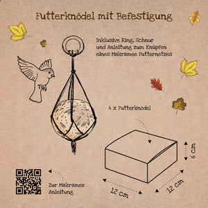 Illustration d'une boulette alimentaire avec accessoire macramé, oiseau, feuilles d'automne, description et taille de l'emballage en allemand.