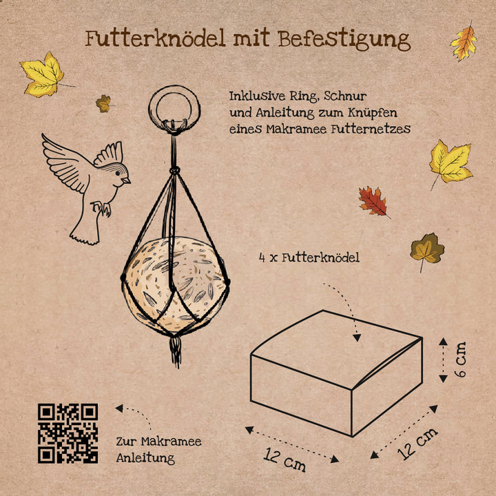 Illustration d'une boulette alimentaire avec accessoire macramé, oiseau, feuilles d'automne, description et taille de l'emballage en allemand.