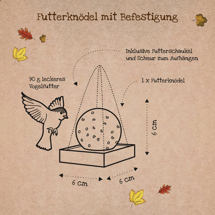 Illustration d'une boulette alimentaire avec accessoire, dimensions 6x6x6 cm, comprenant oiseau, balançoire alimentaire et cordon de suspension, feuilles d'automne en arrière-plan.