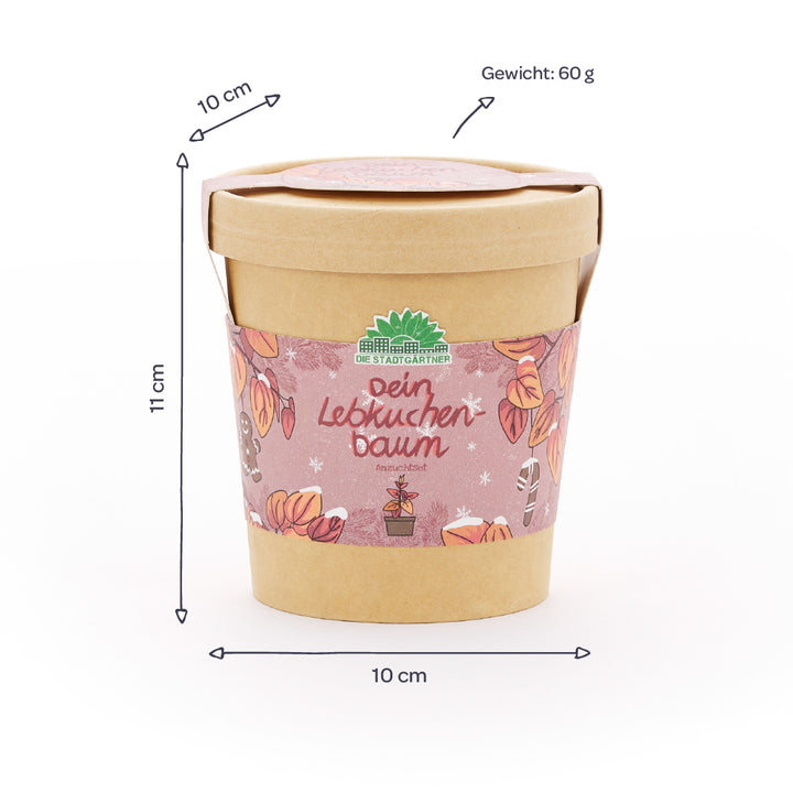 Pot de fleurs marron avec une étiquette décorative « Votre arbre en pain d'épices », ainsi que des dimensions de 10 cm de diamètre, 11 cm de hauteur et un poids de 60 g.