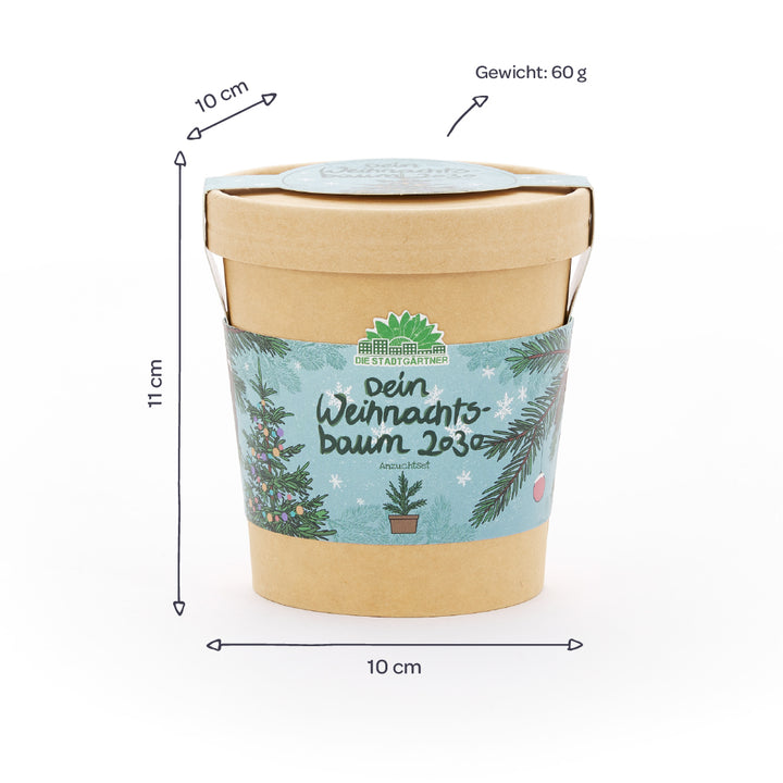 Cache-pot rond en carton avec ruban de Noël, inscription « Votre sapin de Noël 2030 », dimensions 11 x 10 cm, poids 60 g.