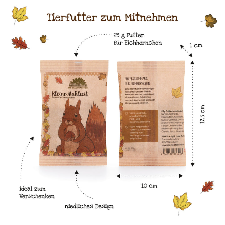 Deux paquets de nourriture pour écureuils avec un design automnal, des dimensions et des étiquettes en allemand ; un dessin d'écureuil sur le devant, des ingrédients et des informations sur le produit au dos.