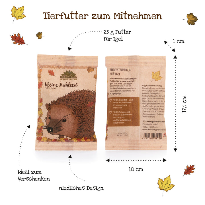 Deux sacs de nourriture pour hérisson appelés « Petit Repas », décorés de feuilles d'automne, dimensions et descriptions en allemand.