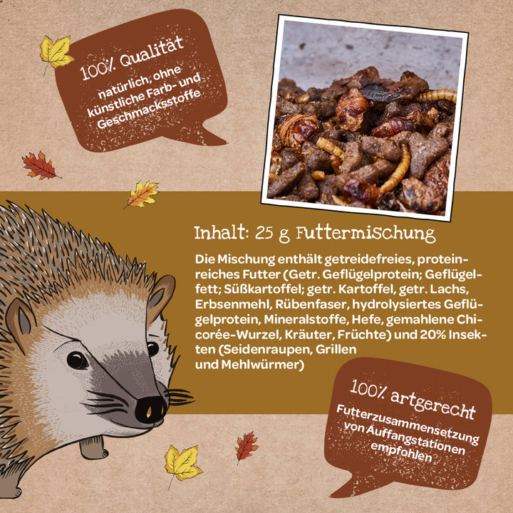 Illustration d'un hérisson, à côté un texte sur la qualité et les ingrédients d'un mélange alimentaire pour hérissons ainsi qu'une photo du mélange alimentaire avec des insectes et des morceaux de nourriture.