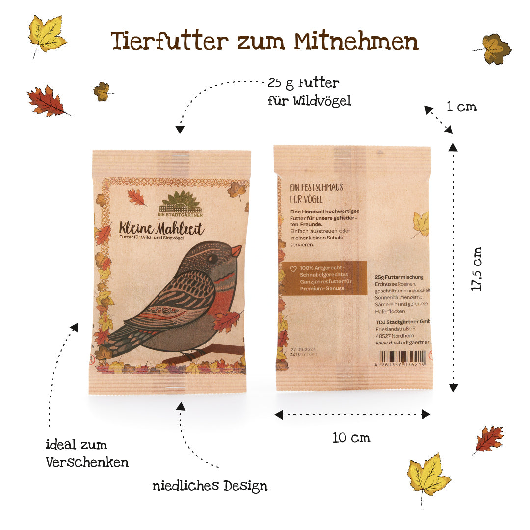 Deux sachets marron de nourriture pour oiseaux sauvages "Little Meal", décorés d'un motif d'oiseau et de feuilles d'automne ; dimensions 17,5 cm x 10 cm, contenu 25 g, idéal comme cadeau.