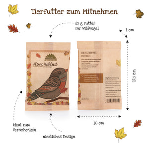 Deux sachets marron de nourriture pour oiseaux sauvages "Little Meal", décorés d'un motif d'oiseau et de feuilles d'automne ; dimensions 17,5 cm x 10 cm, contenu 25 g, idéal comme cadeau.