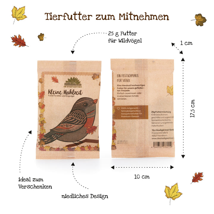 Deux sachets marron de nourriture pour oiseaux sauvages "Little Meal", décorés d'un motif d'oiseau et de feuilles d'automne ; dimensions 17,5 cm x 10 cm, contenu 25 g, idéal comme cadeau.