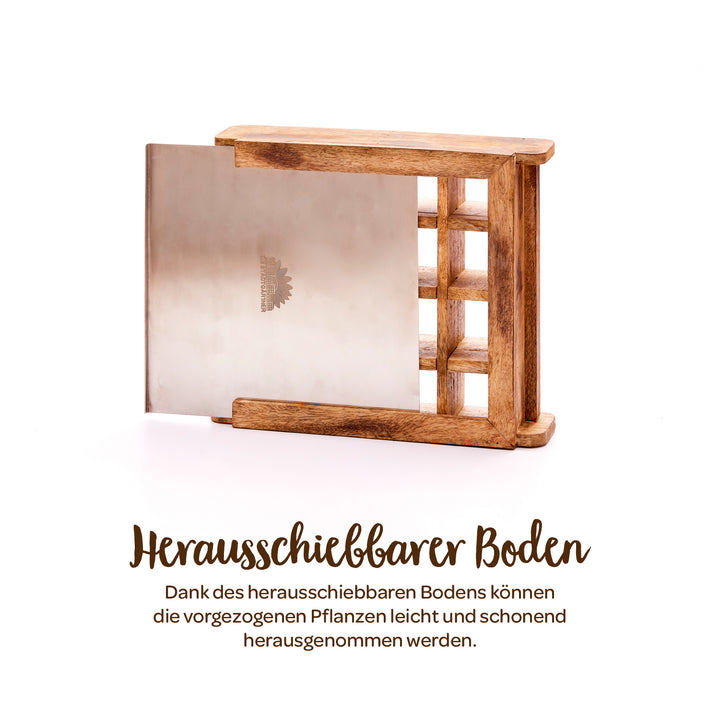 Coffre en bois avec base métallique coulissante, adapté pour retirer délicatement les plantes.