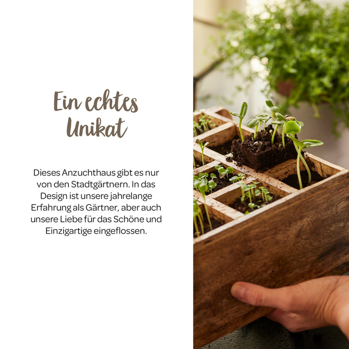 Pépinière en bois avec de jeunes plantes tenues par une main, à côté d'un texte sur le caractère unique du produit en allemand.