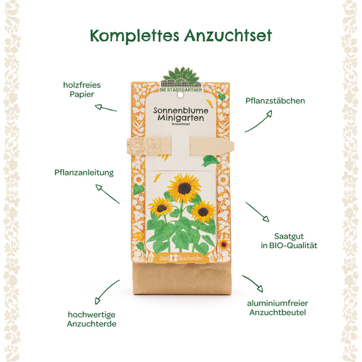 Kit de culture complet pour tournesols, composé de papier sans bois, de tuteurs de plantation, d'instructions de plantation, de terreau de haute qualité, de graines biologiques et d'un sac de culture sans aluminium.
