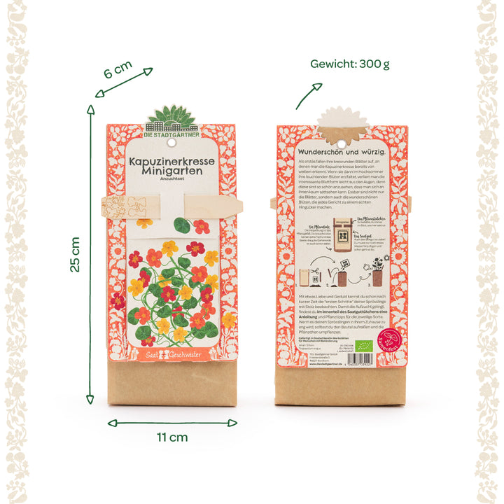 Deux packs d'un mini kit de culture de capucines avec décoration florale, photos de la plante, description du produit et dimensions 25 cm de haut, 11 cm de large, 6 cm de profondeur, poids 300 g.