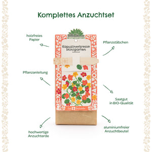 Kit de culture complet pour capucines avec instructions de plantation, tuteurs de plantation, graines biologiques, terreau de haute qualité, papier sans bois et sac de culture sans aluminium.