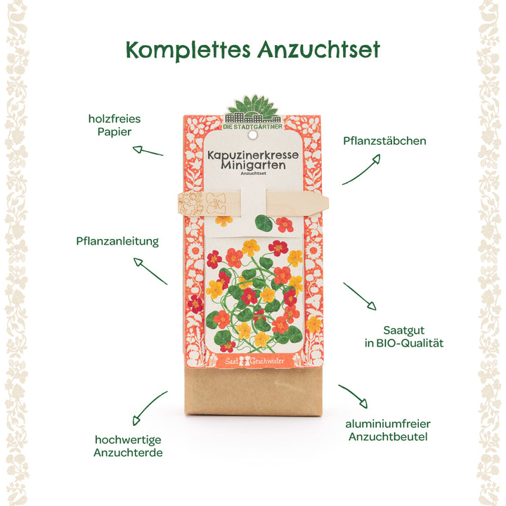 Kit de culture complet pour capucines avec instructions de plantation, tuteurs de plantation, graines biologiques, terreau de haute qualité, papier sans bois et sac de culture sans aluminium.