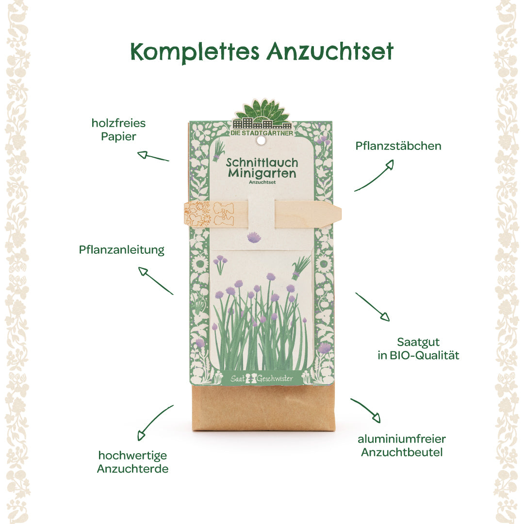 Kit complet de culture de ciboulette avec papier sans bois, tuteurs de plantation, instructions de plantation, terreau de haute qualité, graines biologiques et un sac de culture sans aluminium.