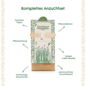 Kit complet de culture de ciboulette avec papier sans bois, tuteurs de plantation, instructions de plantation, terreau de haute qualité, graines biologiques et un sac de culture sans aluminium.