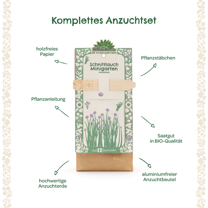 Kit complet de culture de ciboulette avec papier sans bois, tuteurs de plantation, instructions de plantation, terreau de haute qualité, graines biologiques et un sac de culture sans aluminium.