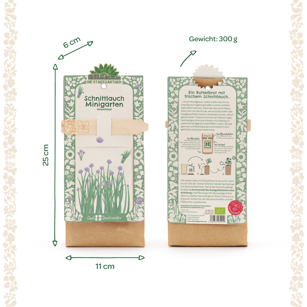 Deux packs d'un mini kit de culture de ciboulette avec un motif floral vert et blanc, dimensions 25 x 11 x 6 cm, poids 300 g, recto et verso visibles, informations produit en allemand.