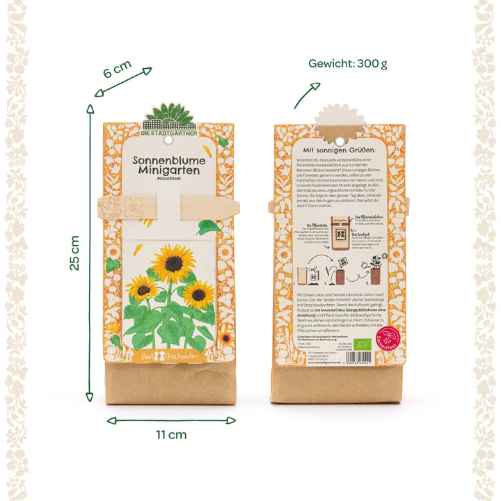 Deux mini kits de culture de tournesols de Die Stadtgärtner, avant et arrière de l'emballage avec un design ensoleillé, description des dimensions et du poids.
